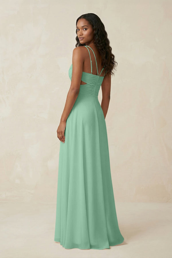 V - Neck Chiffon A - Line Cut - Out Bridesmaid Dress in Pale Pistachio - KissProm Bridesmaid Dresses