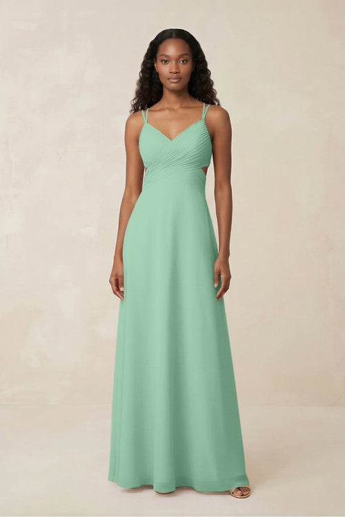 V - Neck Chiffon A - Line Cut - Out Bridesmaid Dress in Pale Pistachio - KissProm Bridesmaid Dresses