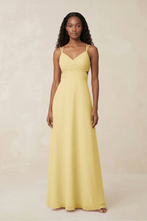V - Neck Chiffon A - Line Cut - Out Bridesmaid Dress in Pastel Yellow - KissProm Bridesmaid Dresses