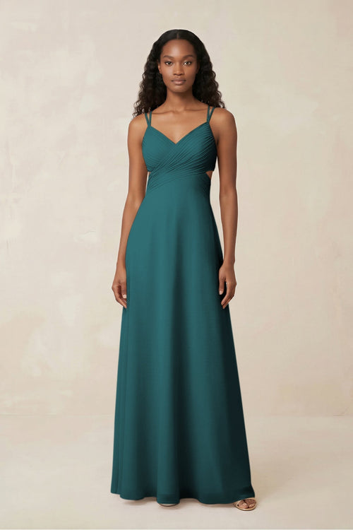 V - Neck Chiffon A - Line Cut - Out Bridesmaid Dress in Pine - KissProm Bridesmaid Dresses