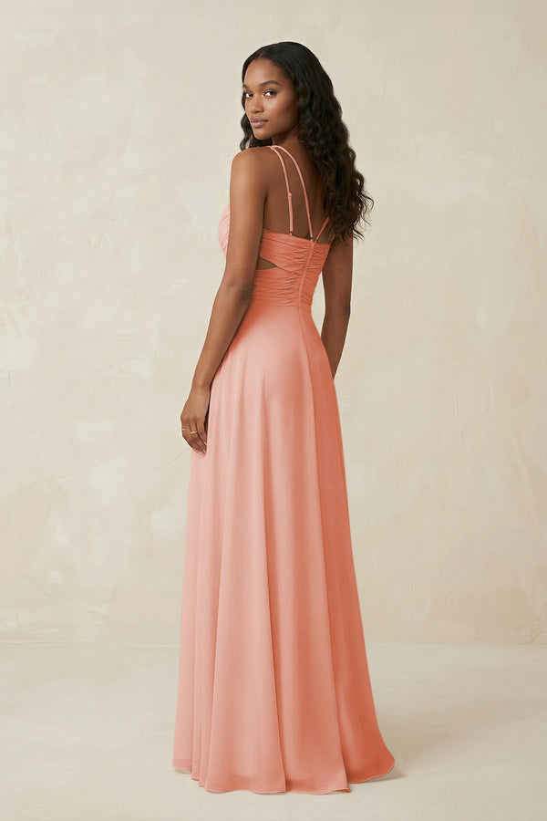 V - Neck Chiffon A - Line Cut - Out Bridesmaid Dress in Rose Petal - KissProm Bridesmaid Dresses