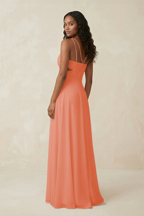 V - Neck Chiffon A - Line Cut - Out Bridesmaid Dress in Rosette - KissProm Bridesmaid Dresses