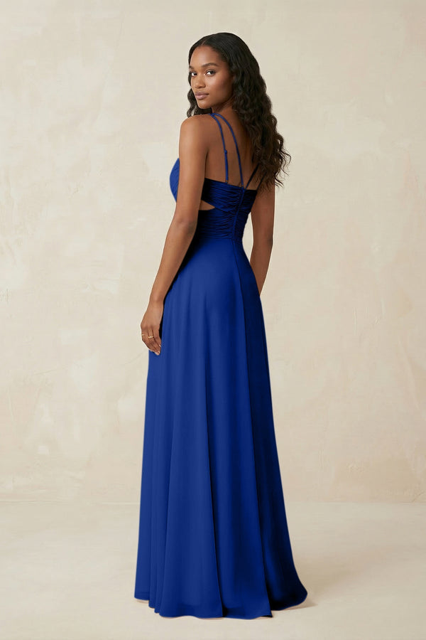 V - Neck Chiffon A - Line Cut - Out Bridesmaid Dress in Royal Blue - KissProm Bridesmaid Dresses