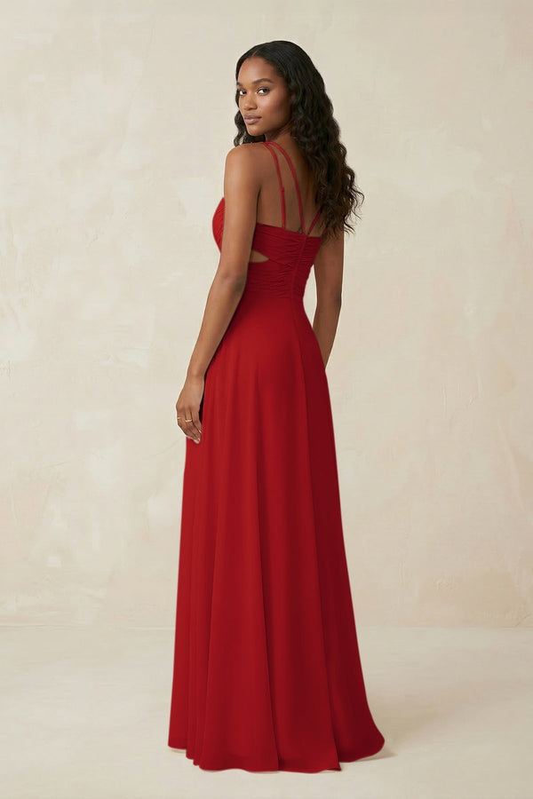V - Neck Chiffon A - Line Cut - Out Bridesmaid Dress in Ruby Red - KissProm Bridesmaid Dresses