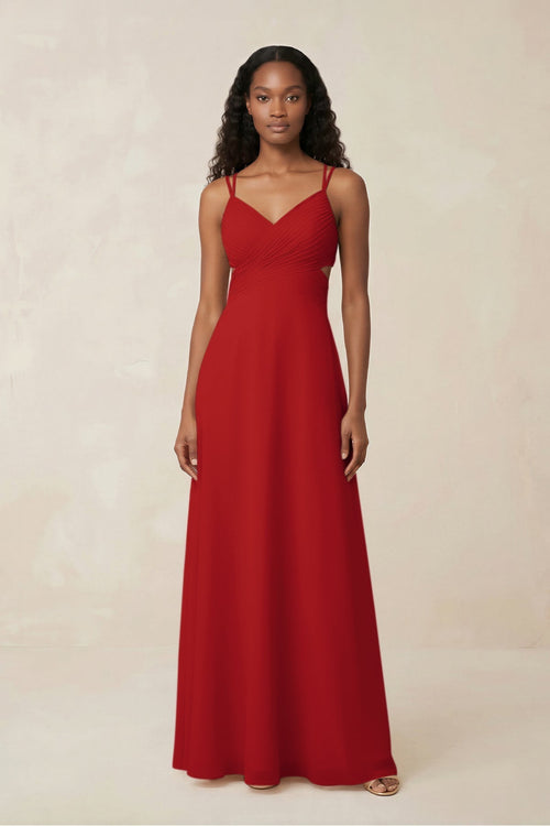 V - Neck Chiffon A - Line Cut - Out Bridesmaid Dress in Ruby Red - KissProm Bridesmaid Dresses