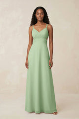 V - Neck Chiffon A - Line Cut - Out Bridesmaid Dress in Sage - KissProm Bridesmaid Dresses