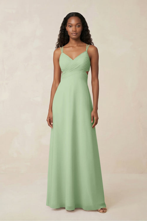 V - Neck Chiffon A - Line Cut - Out Bridesmaid Dress in Sage - KissProm Bridesmaid Dresses