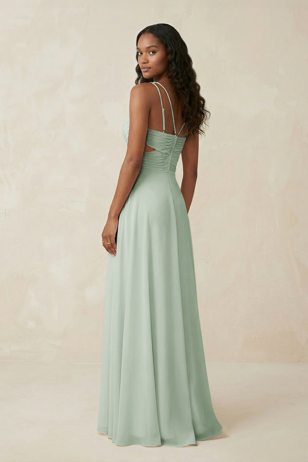 v-neck-chiffon-a-line-cut-out-bridesmaid-dress-in-sage - KissProm Bridesmaid Dresses
