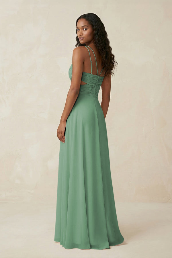 V - Neck Chiffon A - Line Cut - Out Bridesmaid Dress in Sea Glass - KissProm Bridesmaid Dresses