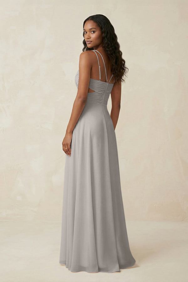 V - Neck Chiffon A - Line Cut - Out Bridesmaid Dress in Silver - KissProm Bridesmaid Dresses