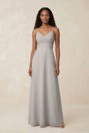 V - Neck Chiffon A - Line Cut - Out Bridesmaid Dress in Silver - KissProm Bridesmaid Dresses