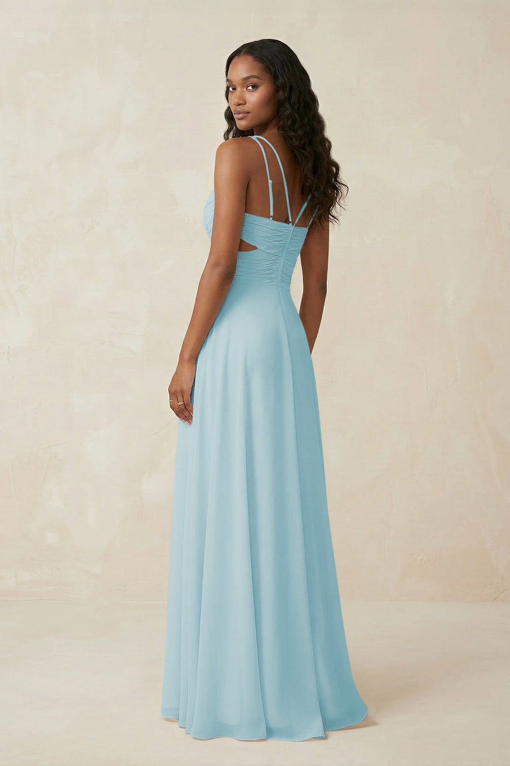 V - Neck Chiffon A - Line Cut - Out Bridesmaid Dress in Sky Blue - KissProm Bridesmaid Dresses