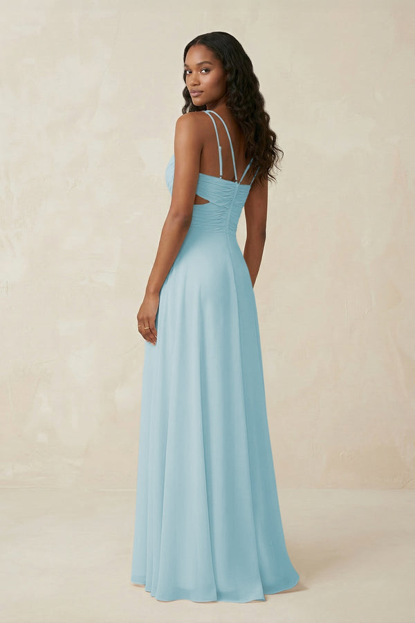 V - Neck Chiffon A - Line Cut - Out Bridesmaid Dress in Sky Blue - KissProm Bridesmaid Dresses