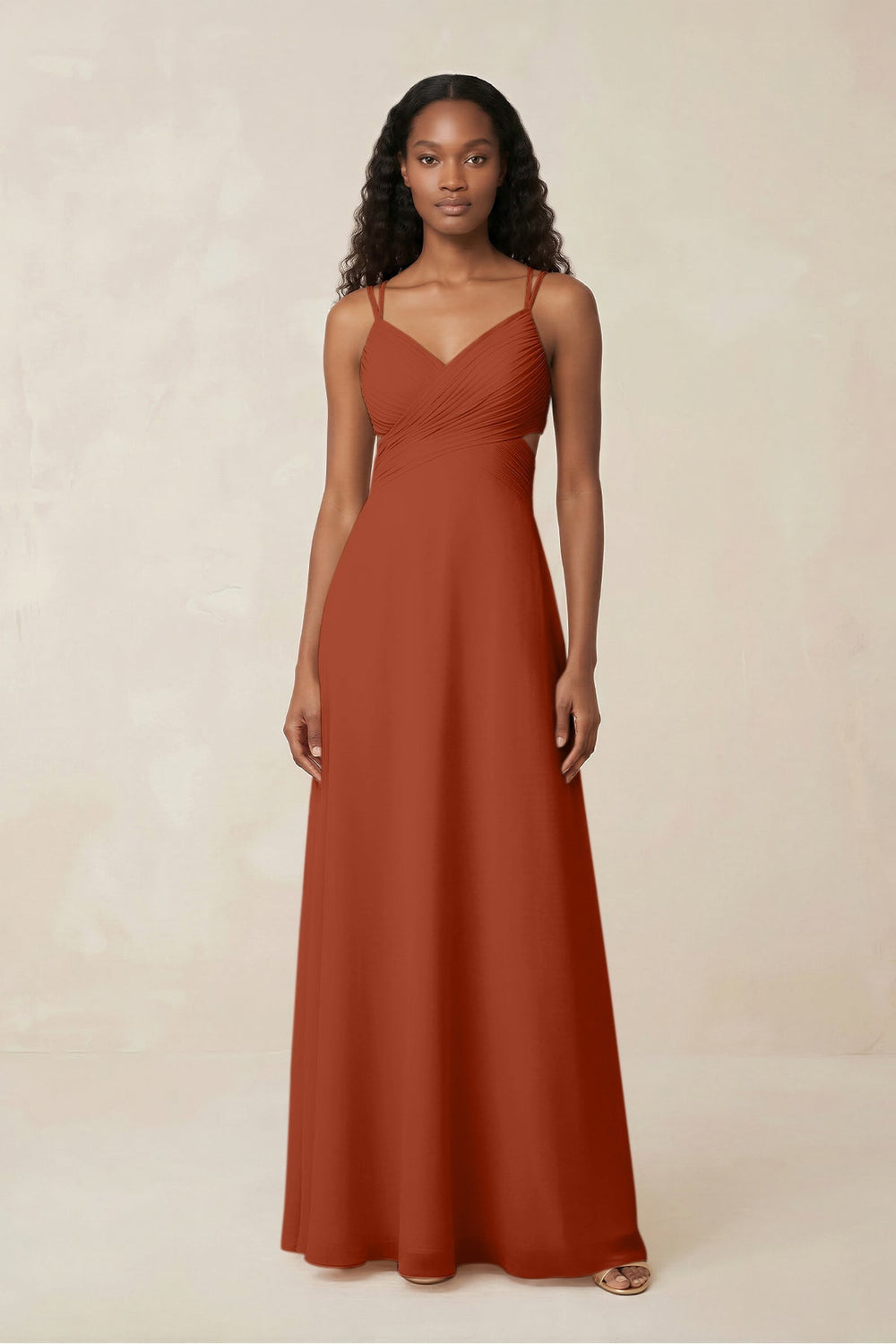 V - Neck Chiffon A - Line Cut - Out Bridesmaid Dress in Spice - KissProm Bridesmaid Dresses