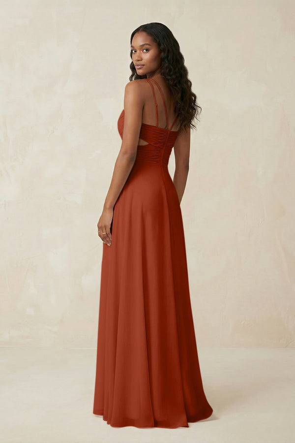 V - Neck Chiffon A - Line Cut - Out Bridesmaid Dress in Spice - KissProm Bridesmaid Dresses