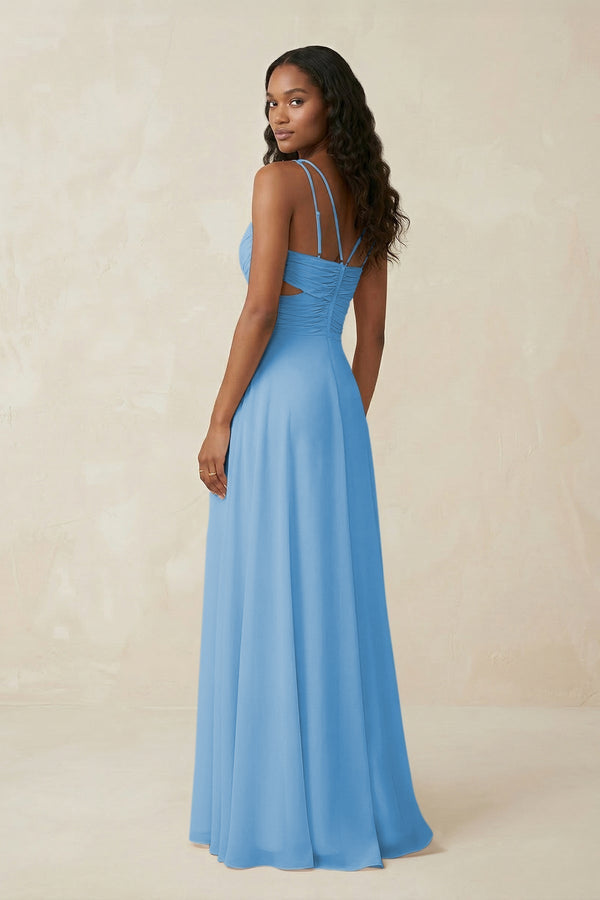 V - Neck Chiffon A - Line Cut - Out Bridesmaid Dress in Steel Blue - KissProm Bridesmaid Dresses
