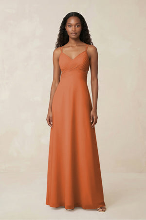 V - Neck Chiffon A - Line Cut - Out Bridesmaid Dress in Terracotta - KissProm Bridesmaid Dresses
