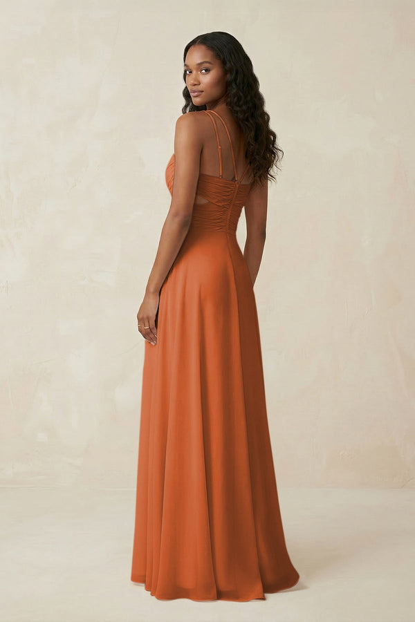 V - Neck Chiffon A - Line Cut - Out Bridesmaid Dress in Terracotta - KissProm Bridesmaid Dresses