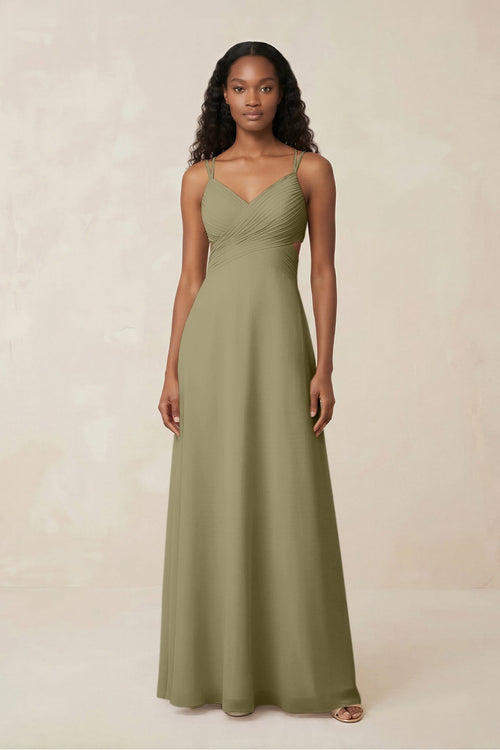 V - Neck Chiffon A - Line Cut - Out Bridesmaid Dress in Thyme - KissProm Bridesmaid Dresses