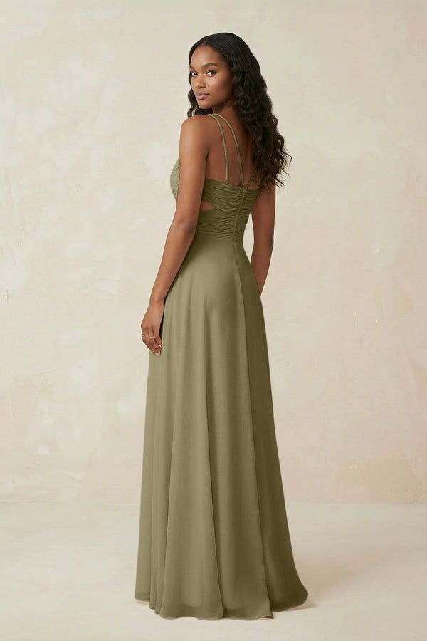 V - Neck Chiffon A - Line Cut - Out Bridesmaid Dress in Thyme - KissProm Bridesmaid Dresses