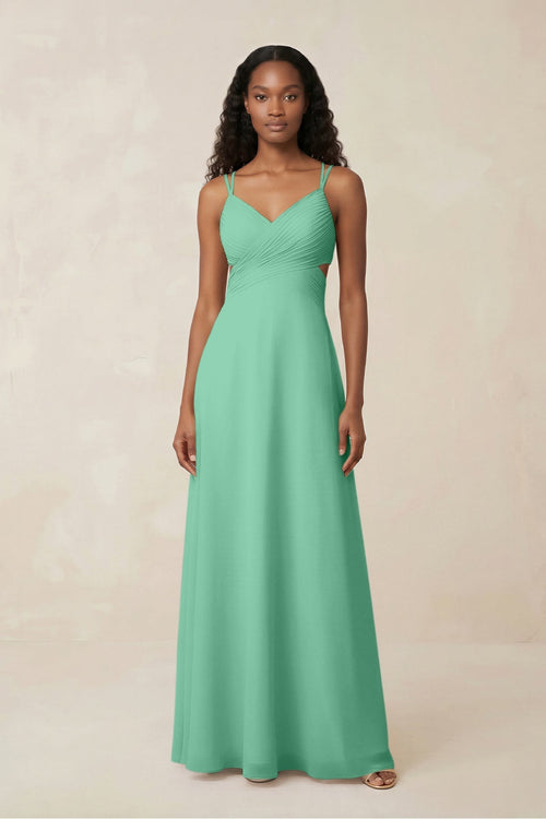 V - Neck Chiffon A - Line Cut - Out Bridesmaid Dress in Turquoise - KissProm Bridesmaid Dresses