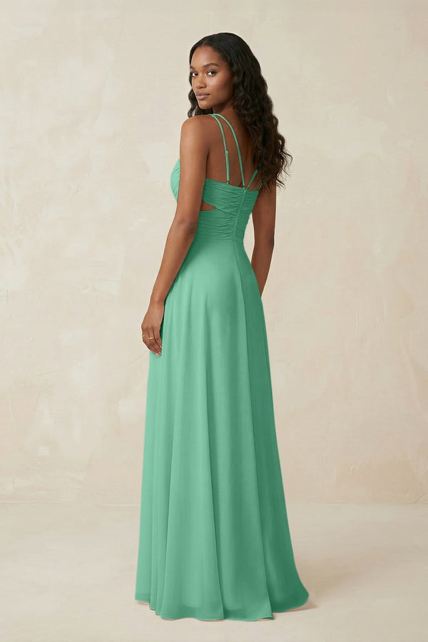 V - Neck Chiffon A - Line Cut - Out Bridesmaid Dress in Turquoise - KissProm Bridesmaid Dresses