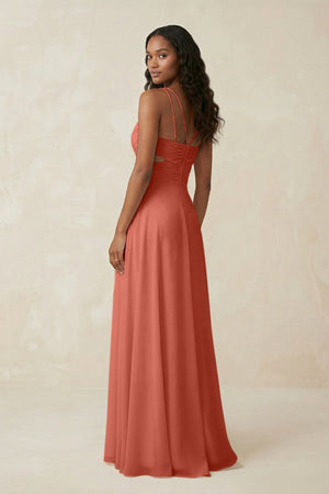 V - Neck Chiffon A - Line Cut - Out Bridesmaid Dress in Wild Rose - KissProm Bridesmaid Dresses