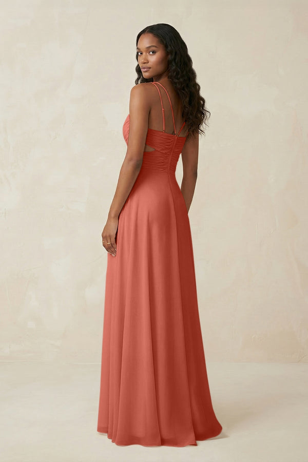 V - Neck Chiffon A - Line Cut - Out Bridesmaid Dress in Wild Rose - KissProm Bridesmaid Dresses
