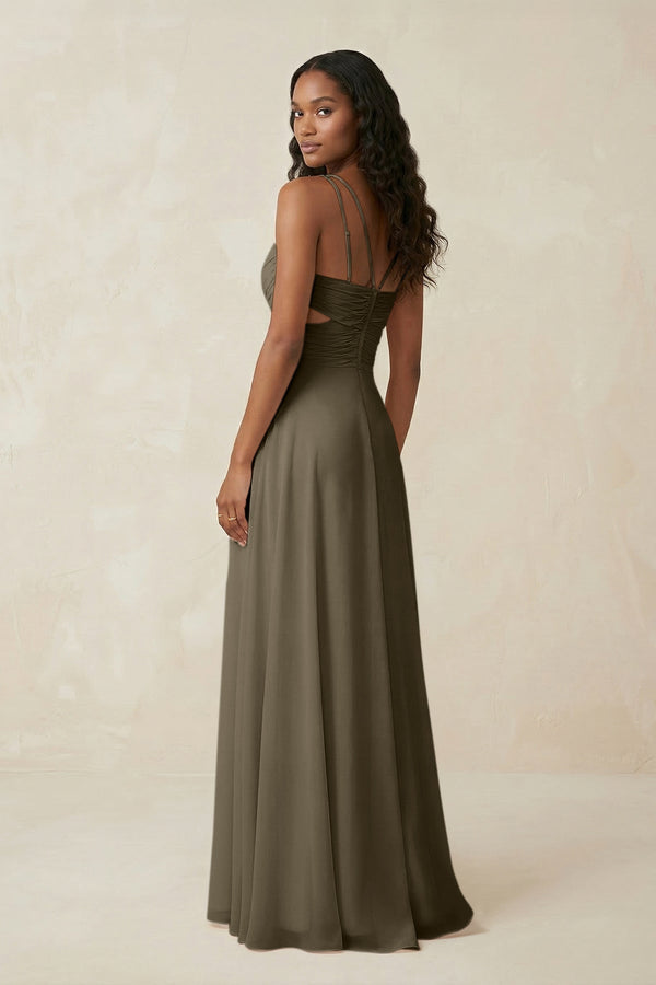 V - Neck Chiffon A - Line Cut - Out Bridesmaid Dress in Willow Green - KissProm Bridesmaid Dresses