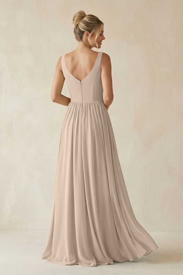 V - Neck Chiffon A - Line Long Bridesmaid Dress in Almond - KissProm Bridesmaid Dresses