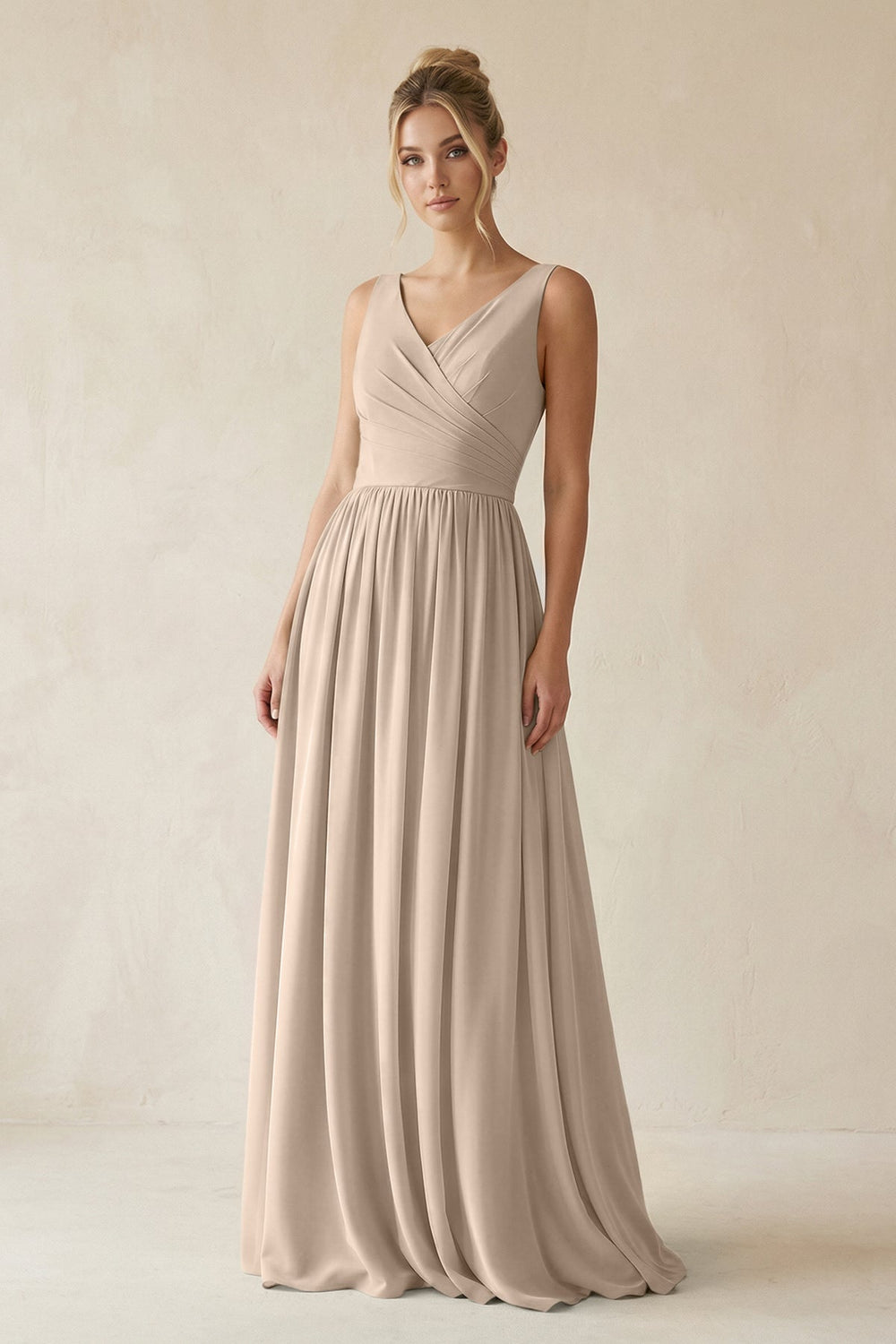 V - Neck Chiffon A - Line Long Bridesmaid Dress in Almond - KissProm Bridesmaid Dresses