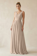 V - Neck Chiffon A - Line Long Bridesmaid Dress in Almond - KissProm Bridesmaid Dresses