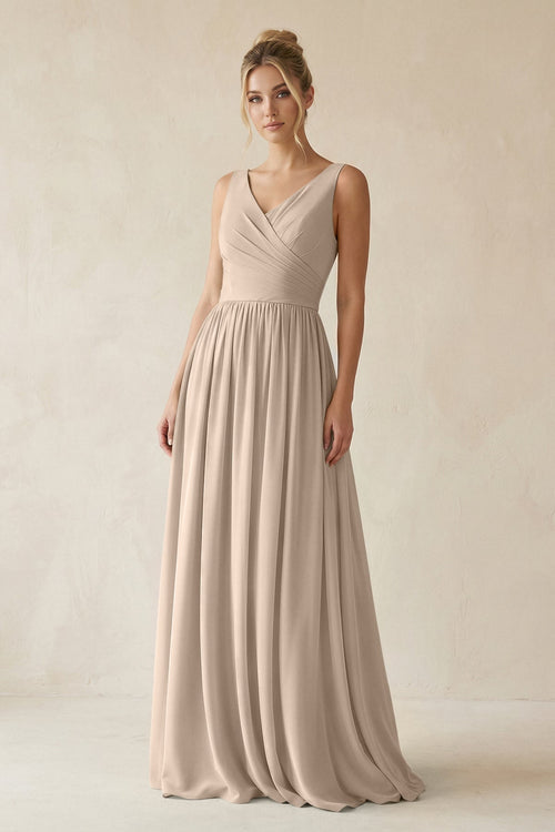 V - Neck Chiffon A - Line Long Bridesmaid Dress in Almond - KissProm Bridesmaid Dresses