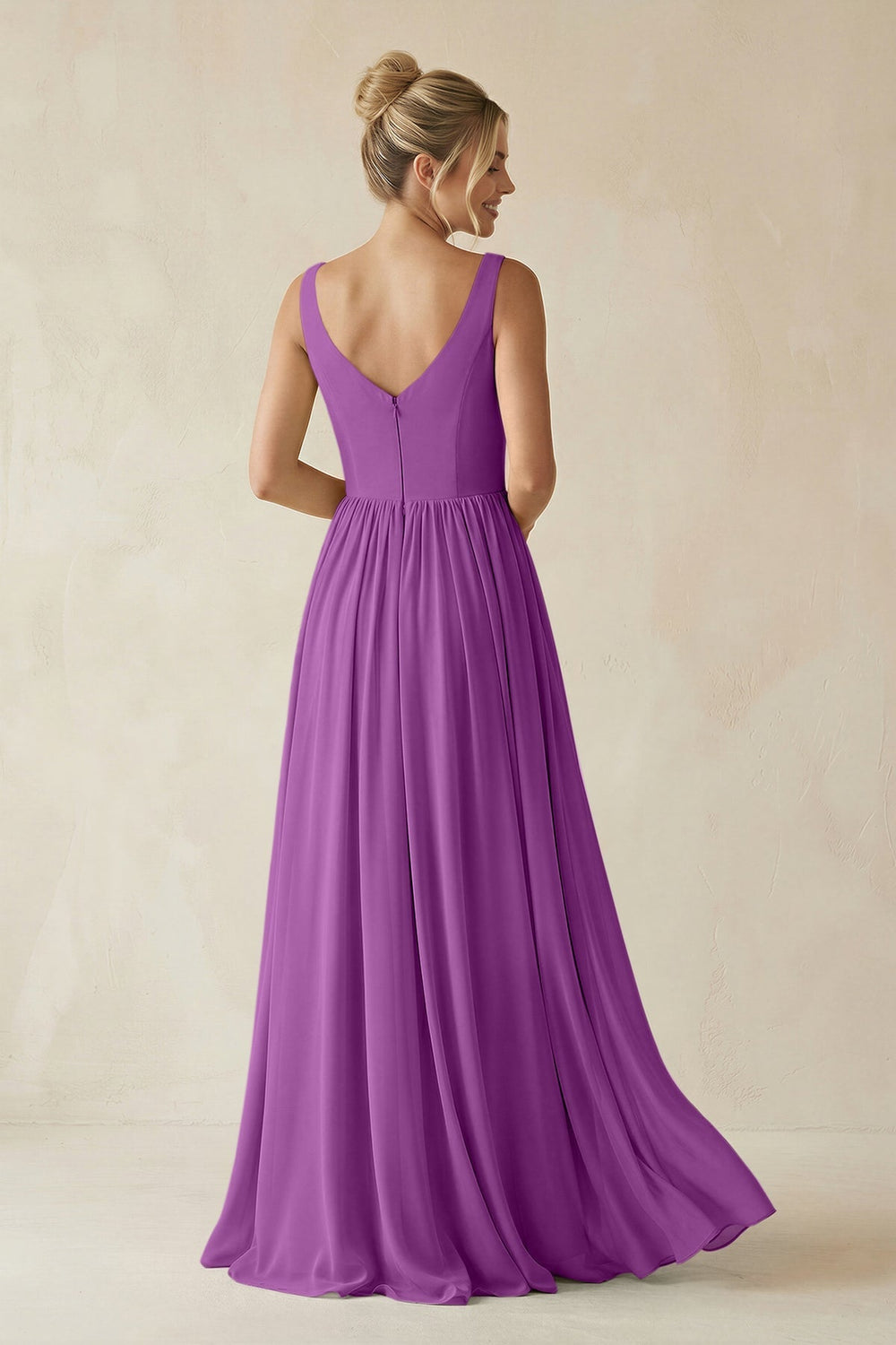 V - Neck Chiffon A - Line Long Bridesmaid Dress in Amethyst - KissProm Bridesmaid Dresses