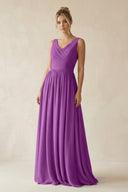 V - Neck Chiffon A - Line Long Bridesmaid Dress in Amethyst - KissProm Bridesmaid Dresses
