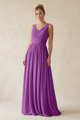 V - Neck Chiffon A - Line Long Bridesmaid Dress in Amethyst - KissProm Bridesmaid Dresses