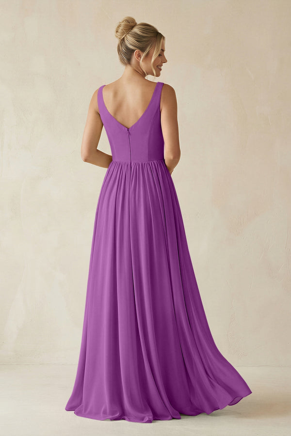 V - Neck Chiffon A - Line Long Bridesmaid Dress in Amethyst - KissProm Bridesmaid Dresses