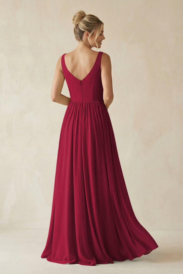 V - Neck Chiffon A - Line Long Bridesmaid Dress in Berry - KissProm Bridesmaid Dresses