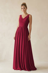 V - Neck Chiffon A - Line Long Bridesmaid Dress in Berry - KissProm Bridesmaid Dresses