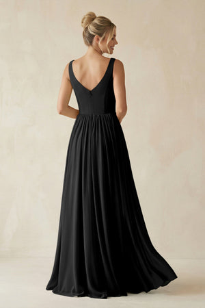 V - Neck Chiffon A - Line Long Bridesmaid Dress in Black - KissProm Bridesmaid Dresses