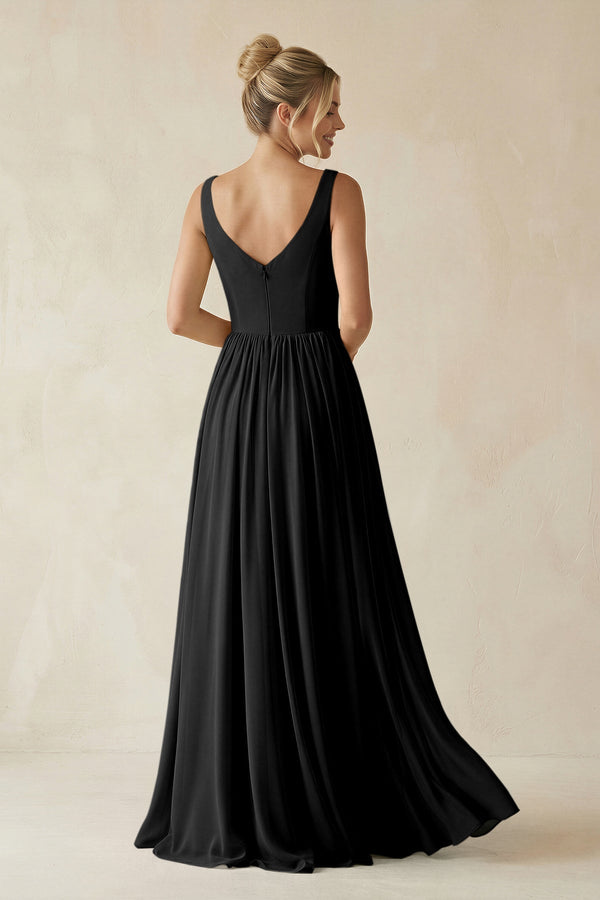 V - Neck Chiffon A - Line Long Bridesmaid Dress in Black - KissProm Bridesmaid Dresses