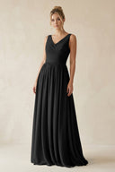 V - Neck Chiffon A - Line Long Bridesmaid Dress in Black - KissProm Bridesmaid Dresses