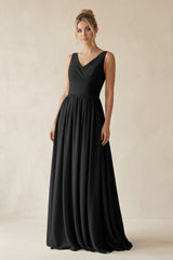 V - Neck Chiffon A - Line Long Bridesmaid Dress in Black - KissProm Bridesmaid Dresses