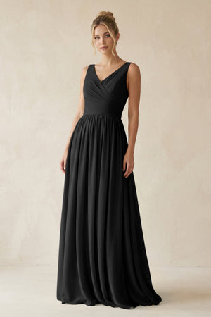 V - Neck Chiffon A - Line Long Bridesmaid Dress in Black - KissProm Bridesmaid Dresses