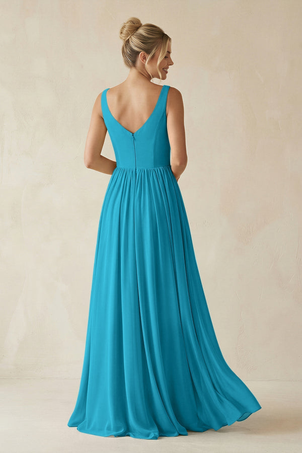 V - Neck Chiffon A - Line Long Bridesmaid Dress in Blue Jay - KissProm Bridesmaid Dresses