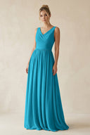 V - Neck Chiffon A - Line Long Bridesmaid Dress in Blue Jay - KissProm Bridesmaid Dresses