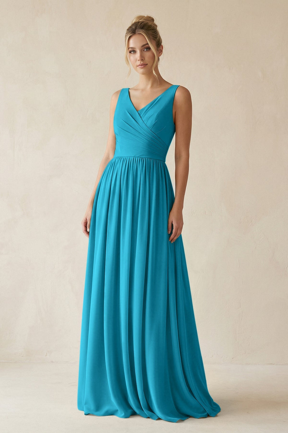 V - Neck Chiffon A - Line Long Bridesmaid Dress in Blue Jay - KissProm Bridesmaid Dresses