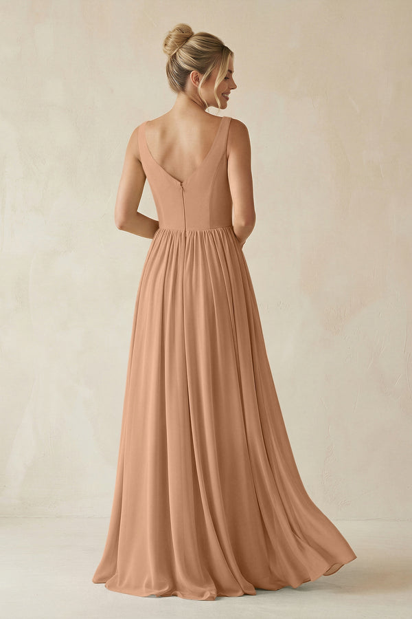V - Neck Chiffon A - Line Long Bridesmaid Dress in Bronzer - KissProm Bridesmaid Dresses