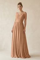 V - Neck Chiffon A - Line Long Bridesmaid Dress in Bronzer - KissProm Bridesmaid Dresses