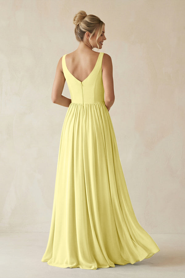 V - Neck Chiffon A - Line Long Bridesmaid Dress in Buttercup - KissProm Bridesmaid Dresses
